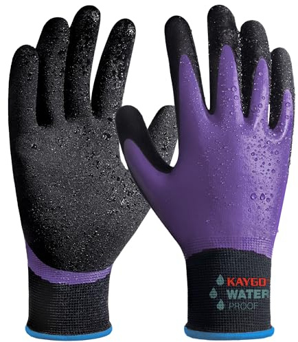 KAYGO Wasserdichte Arbeitshandschuhe für Herren und Damen mit Doppel Latex Beschichtung, Rutschfester Gut Grip für Garten Auto Waschen Fisch Reinigung (Lila, M, Gr 8, 1 Paar)
