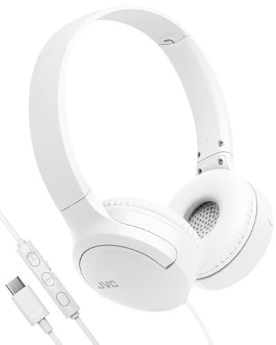 JVC HA-S33UC-W – Cuffie on-ear USB-C pieghevoli con padiglioni morbidi, slide switch, telecomando 3 tasti, chiamate nitide e cavo anti-groviglio; ideali per lavoro – Bianco