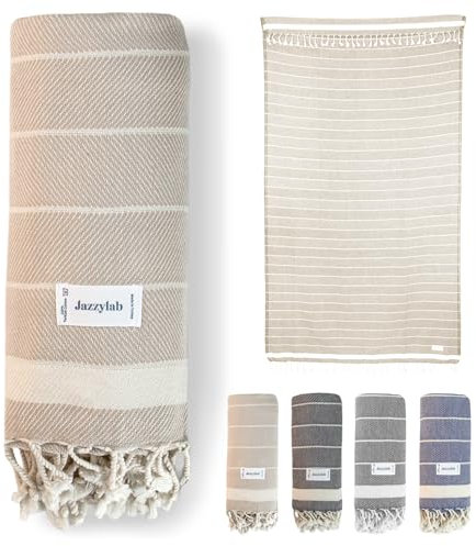 jazzylab VEREV Peshtemal 90x180 cm | Telo hammam in cotone 100% con motivo a spina di pesce | Leggero, compatto e ad asciugatura rapida | Perfetto per sauna, spa, mare e viaggi | 90x180 cm, Latte
