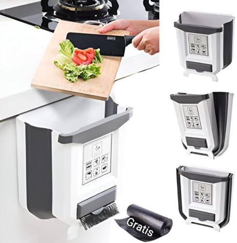 Genérico Cubo de Basura Plegable para Cocina – Cubo Colgante con Tapa, Ahorra Espacio, Ideal para Cajones, Puertas y Campers – Plástico Resistente, Fácil de Instalar, 9L – Gris Moderno