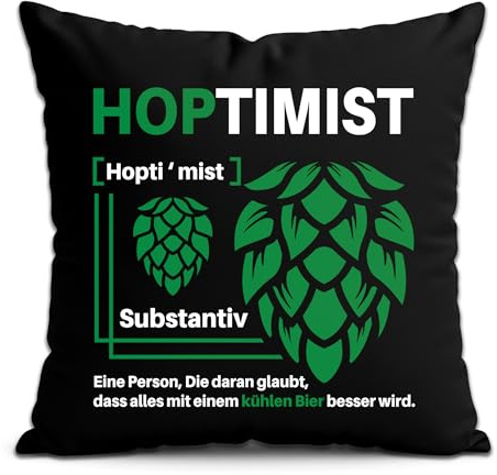 UGLYSHIRT Hoptimist Kissen | Lustiger Bier Kissenbezug für Männer – Spruchkissen 40x40 für Sofa Bar Partykeller Geschenk Bierdeko | Schwarz ohne Füllung