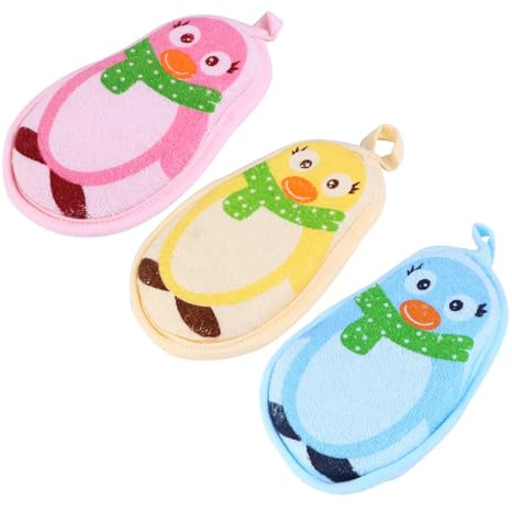 SKISUNO 3 Stück Teiliges Niedlichen Cartoon pinguinen Sanftes Peeling und Massage Hautfreundlich für Empfindliche Babyhaut Inklusive Aufhängeschlaufe für Badewanne und Dusche