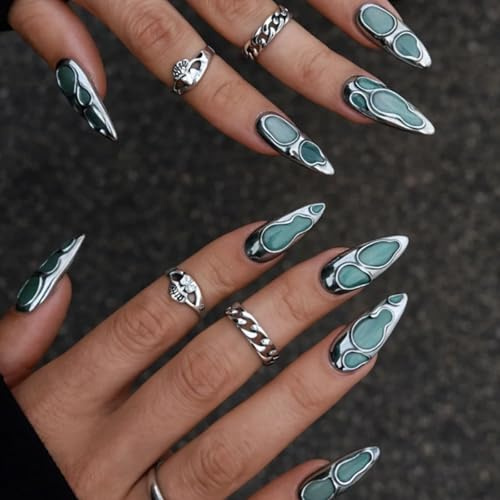 Glossy Metallic Teal Green Press On Nails With Silver Outline - Long Stiletto False Nails Set With Intricate Marbled Art Design For Everyday And Party Wear, Easy Application