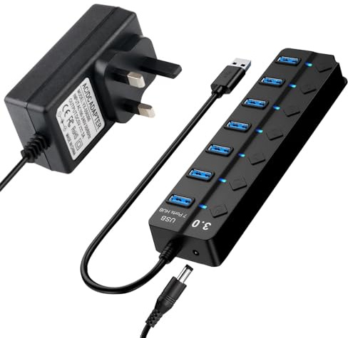 USB 3.0 Hub Powered 7-Port Splitter with 5V 3A Power Supply Adapter with Individual On/Off LED Switches and Lights Extension Splitter AC to DC 5V Cable for Windows, Apple MacBook, PC Laptop and More