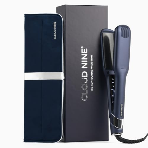 Cloud Nine Contouring Wide Iron Wide Plate Hair Straightener & Curler, Navy | 2-in-1 styler, wide curved plates, Revive Mode, 11 heat settings, curls and waves, frizz control, thick or long hair