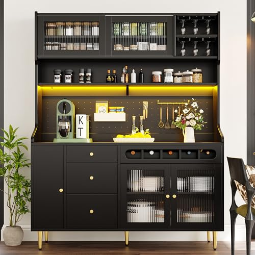 FammyLoft Küchenschrank mit LED-Beleuchtung, Buffetschrank mit Verstellbaren Einlegeböden, Hochschrank mit Schublade mit Weinregal, Vitrinenschrank Küche, Vitrine, Esszimmerschrank, Schrank küche