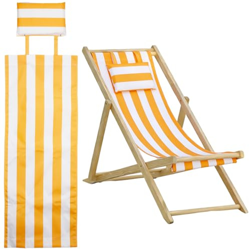 TNKBREEZE Klein Strandliege Ersatzstoff 115cm x 43.2cm Gelb Weiß Gestreift | Liege Ersatzplane Schwebesitz Ersatzstoff Mit Kissen Für Sonnenbad Innenhof Garten Strand