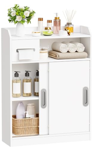 BEWISHOME Badezimmerschrank mit Toilettenpapierhalter,Versenkten Griffen | Badschrank mit Schiebetüren und Verstellbare Trennwand,Nischenschrank Platzsparend für Badezimmer,20x60x80cm,Weiß,EYYG16W