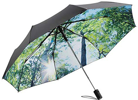 Le Monde du Regenschirm, zusammenklappbar, für Damen/Herren, Schwarz, automatisches Öffnungssystem, winddicht, bedruckt, Waldmotiv, 60 cm