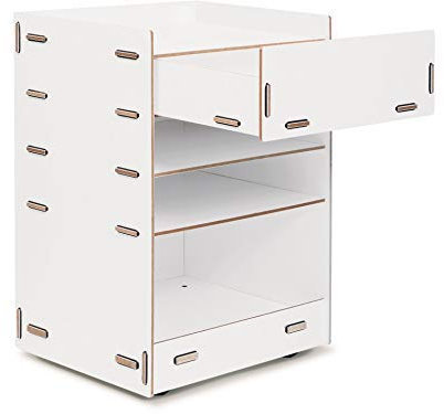 Modulor Rollcontainer aus farbig beschichtetem MDF, Schreibtisch Rollschrank (BxHxT: 44,5 x 58,0 x 34,0 cm) mit Einer Schublade und DREI Fächern, weiß