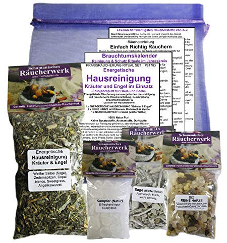 Energetische HAUSREINIGUNG [KRÄUTER & Engel] 9-TLG Set zum RÄUCHERN von Räumen, Büro, Haus, Wohnung, Praxis. Mit ZUBEHÖR + Beschreibung + Täschchen 81703-1