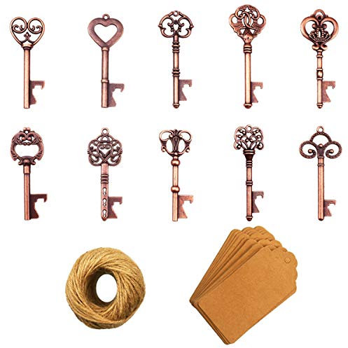 50 pièces ouvre-bouteilles avec des étiquettes cadeaux en papier Kraft et de la ficelle pour des faveurs de mariage Décoration de fête rustique antique (10 motifs, cuivre)