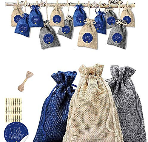 YOSICIL 2020 Adventskalender Zum Selberfüllen Weihnachten Deko Schmuck Weihnachtskalender Zum Befüllen Natur Säckchen Weihnachten Geschenksäckchen 8 Beige + 8 Blau + 8 Grau