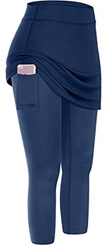 Lazzboy Leggings Damen High Waist Frauen Tennis Rock Taschen Elastic Sports Yoga Capris Röcke Legging Mit Knöchellange Engen Bescheiden Lauf Skort Hockey Hose 2 In 1 (Marine,XL)