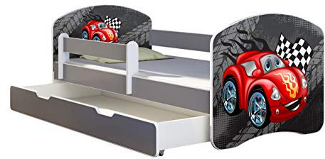 ACMA Kinderbett Jugendbett mit Einer Schublade und Matratze Grau mit Rausfallschutz Lattenrost II (05 Rote Auto, 180x80 + Bettkasten)