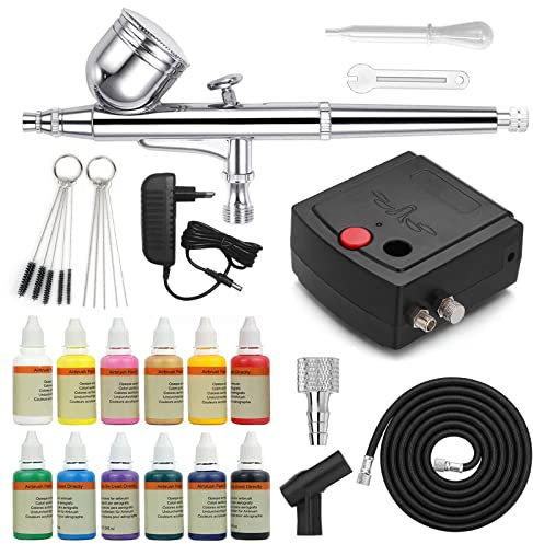 Awsuc Mini compressore aerografo Completo Professionale Kit con Pittura Colori acrilici per aerografo,12x10ml,Airbrush con Pulizia Pistola aerografo per modellismo,Pasticceria,Unghie,Make up TC-100KS