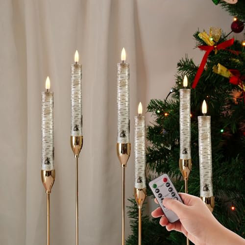 Eywamage Birch Bark Short Flameless Taper Candles with Remote, Battery Wood Candles, Flickering LED Wax Candlesticks Set of 6