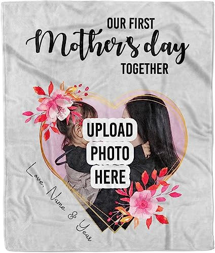 Personalisierte Decke mit Foto-Namen, zum ersten Muttertag, Fleece-Überwurf vom Ehemann, einzigartiges individuelles florales Herzbild, Fleecedecke mit Namen der Tochter und Sohn (76,2 x 101,6 cm)