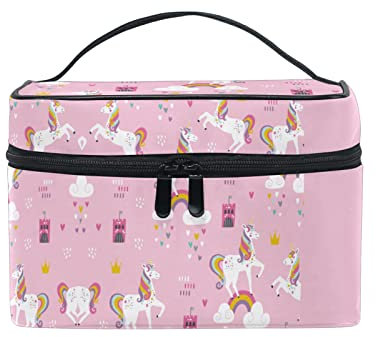Mädchen Einhorn Regenbogen Rosa Makeup Tasche Organizer Kosmetikkoffer Kosmetiktasche Kulturbeutel Groß Bag für Mädchen Frauen Damen