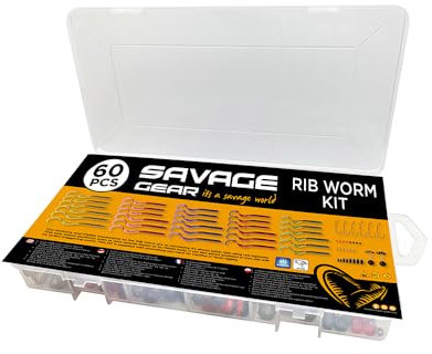 Savage Gear Rib Worm Kit - Naturgetreue Rippenwürmer für Bass, Barsch & Zander - Ideal für Carolina & Texas Rigging - Inklusive Gewichte, Haken & Perlen für Süß- & Salzwasserfischen Assorted Varied