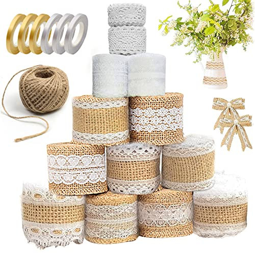 Juteband Spitzenband, 9 Roll Juteband Natur Mit Spitze + 4 Spitzenband weiß Vintage, Natürliche Spitzenband Weiß Vintage, Juteband Leinwand Band für DIY Handwerk Hochzeitsdeko Geschenkband