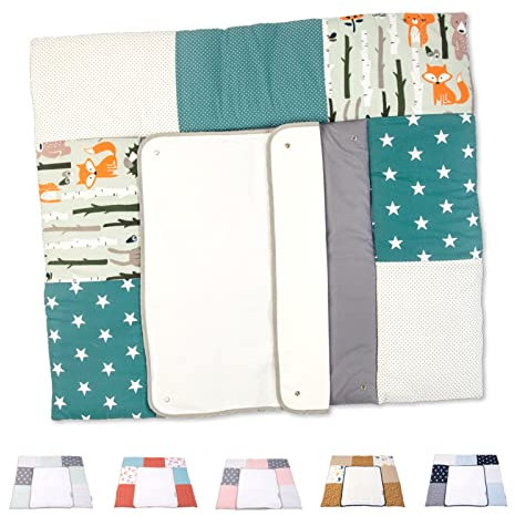 ULLENBOOM ® Wickelauflage 85x75 cm mit Frotteebezug - Waldtiere Grau (Made in EU) - Wickelunterlage waschbar, Für Unterwegs geeignet, Bezug: 100% OEKO TEX Baumwolle, Wickeltischauflage 75x85