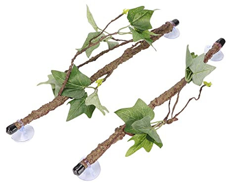 2Pcs Reptile Corner Branches, Terrarium Plant Decoration with Suction Cup Bendable Jungle Climbing Vine Flexible Terrarium Plant Decor for Amphibian Lizard Snake Gecko Bearded Dragon Tank