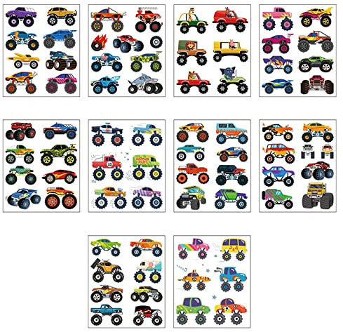 Monster Truck Temporary Tattoos for Kids - 10 Sheets of Waterproof Car Stickers - Party Bag Filler