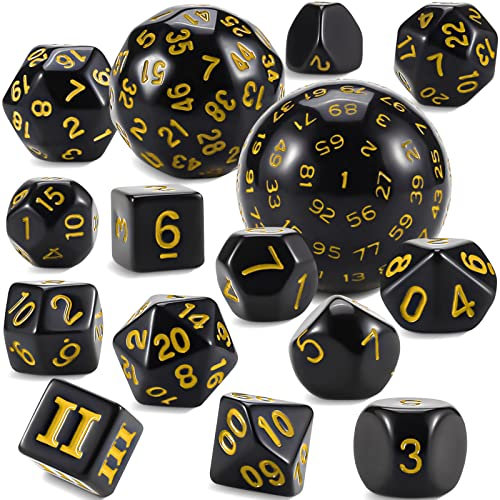 YILAIDA DND Dice Polyedrisches Würfel Set - 15 Stück mit Beuteln D3-D100 Würfel Polyeder Würfel DND Spiel Würfel für Dungeons und Dragons RPG MTG (Schwarz und Gelb)