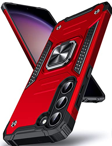 DASFOND Armor Hülle für Samsung Galaxy S23 Case Militär Stoßfest Handyhülle [Upgrade 2.0] 360 Grad Metal Ring Halter Ständer Schutzhülle [für Handyhalterung Auto Magnet], 6,1 Zoll, Rot