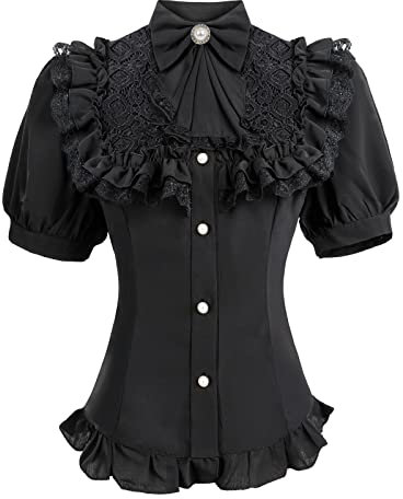 Fiamll Camicetta da donna vittoriana vintage con fiocco, colletto alto con volant a maniche lunghe, K-nero., XXXL