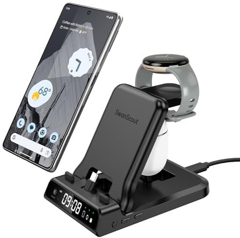 SwanScout 701G 3 in 1 Charging Station for Google, 25W Foldable Fast Charger Stnad for Google Pixel Watch 1, Pixel 9 Pro/9 Pro XL/9/8/8 Pro/7A/Fold/7/7 Pro/6/6 Pro, Pixel Buds Pro 2/Buds