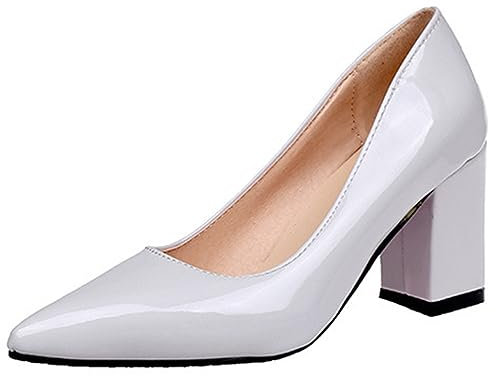 Décolleté da Donna in Pelle Verniciata con Tacco Quadrato da 7,5 cm Scarpe Classiche Décolleté con Punta a Punta Party Plus Size,Grigio,43 EU