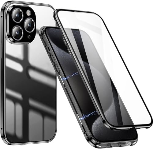 QiiStar Case for Apple iPhone 15 Pro Max,360 Degree Full Body Phone Case Front and Back Double Sided Tempered Glass Magnetic Titanium Metal Bumper [Camera Lens Cover][Screen Protector],Clear Black
