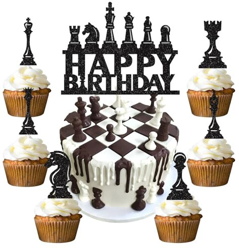 palasasa 25 Stück Schach Tortendeko Chess Happy Birthday Cake Topper Schwarz Schachspielthema Kuchen Dekoration für Baby Shower Mädchen Junge Kinder Geburtstag Party Kuchen Dekorationen Supplies