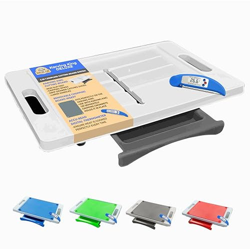 Karving King Deluxe Dripless Cutting Board 3 in 1 System Non-Slip Feet & Spikes Hold Food in Place while Carving Juice Groove Fills Drip Drawer for Gray & Digital Meat Thermometer - Grey, KK4MT