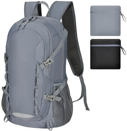 TREKKIN PLUS Reise-Wanderrucksack, 40 l, ultraleicht, Camping, verstaubar, für Männer und Frauen, wasserabweisend, tragbarer Tagesrucksack, GRAU, Minimalistisch
