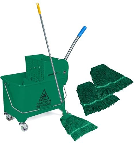 Curvaso 20L Green Kentucky Mop Bucket & Wringer System with Wheels | Includes 2 Mopping Heads & Handle Holder | Commercial & Home Floor Cleaning
