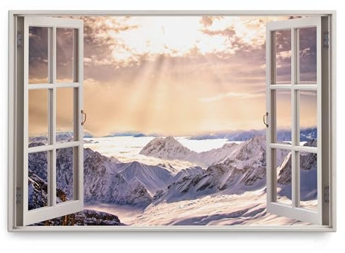 Paul Sinus Wandbild 120x80cm Fensterbild Berge Gebirge Schnee Sonnenstrahlen Weiß