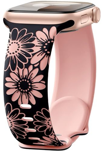 Maledan Floral Engraved Strap Compatible with Apple Watch Straps 41mm 40mm 38mm 42mm for Women, Two-Tone Flower Soft Silicone Sport Band for iWatch Strap SE Series 10 9 8 7 6 5 4 3 2 1, Black/Pink