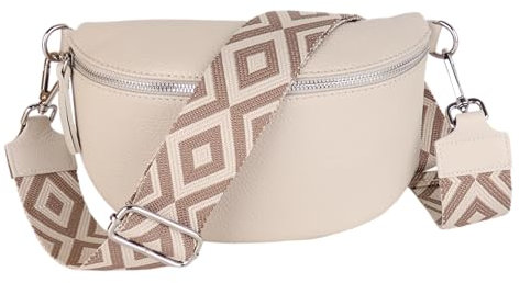 MIRROSI® Bauchtasche Damen, Echtleder, Made in Italy, Umhängetasche, Brusttasche, Crossbody Bag (1 Tasche & 2 Gurte) (Beige (Rhombus), Mittelgroße Tasche (25x16x7cm))