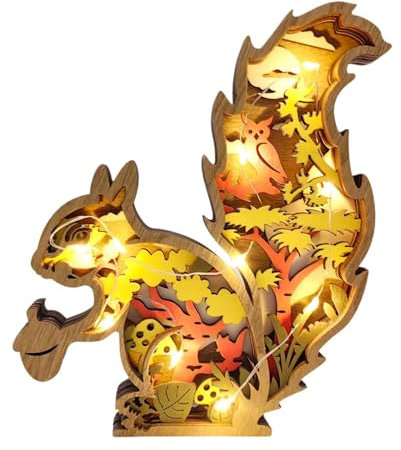 Fenteer 3D Holzschnitzerei Eichhörnchen Lampe Tier Figur Dekor Hohl Eichhörnchen Ornament LED Nachtlicht für Büro