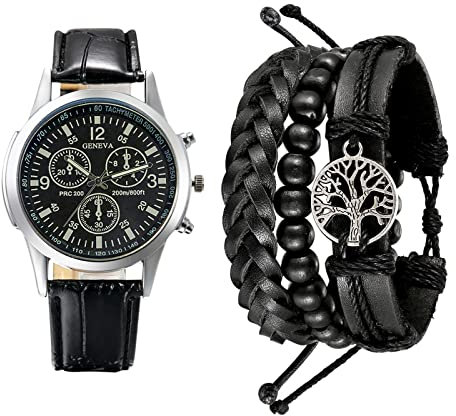 OIDEA 2pcs Herrenuhr Armband Set: Herren Analog Quarz Uhr mit Leder Armband & Lebensbaum Holzperlen geflochten Lederarmband Geschenk für Männer Junge