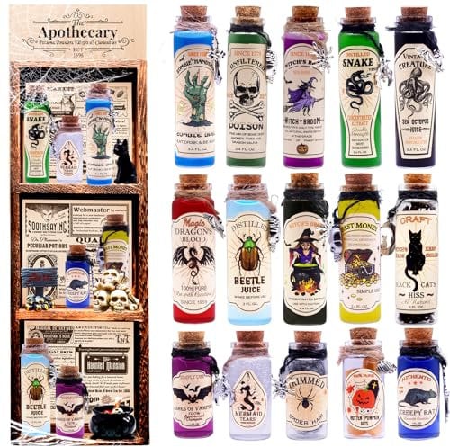 Ainswei 108 Pcs Halloween Potion Bottles Set,Halloween Decorations Indoor,Apothecary Bottles with Wooden Apothecary Display Rack,Spell Lable & Pendants for Halloween Tiered Tray Party Supplies Décor