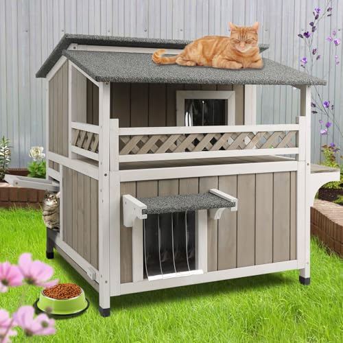 Weatherproof Outdoor Cat House with Large Balcony, 2-Story Feral Shelter