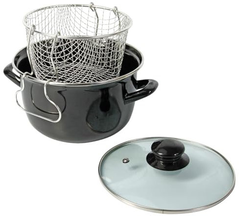 Crealys 545413 Friteuse traditionelle en Acier Emaillé Noir Ø26 cm - avec panier étamé + couvercle en verre - tous feux dont induction