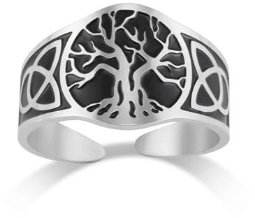 Dreamtimes Baum des Lebens Ring für Männer Frauen einstellbar Vintage Ring Edelstahl Ring Yggdrasil Welt Baum des Lebens Ringe Viking keltischen Knoten Ring Amulett religiösen Schmuck (Schwarz-silber)