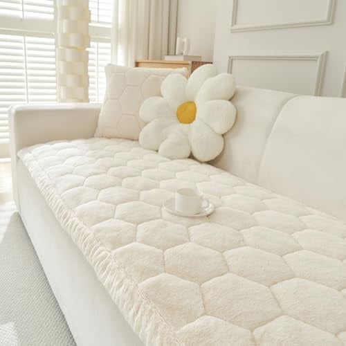 GKXLH Neu Dicke rutschfest Sofa überzug 2 3 4 Sitzer (Beige Weiß, 90x210cm) | Weich Flanell Couch überzug, Sofabezug Waschbare, Sofa Cover für Hunde Haustiere, Sofa überzug L Form für das Wohnzimmer