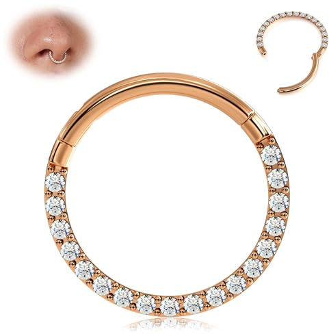 BodyBonita Hinged Clear CZ Septum Rings - 316L Surgical Steel Nose Rings Hoops for Women 16G Cartilage Earrings Conch Piercing Jewellery Helix Rook Tragus Daith Snug Belly Button Ring 10 mm Rose Gold