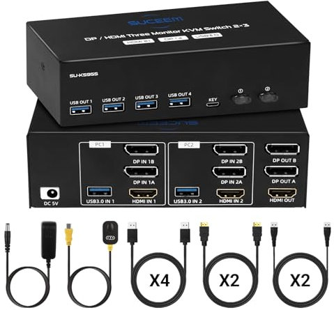 Conmutador KVM HDMI Displayport 2 PC 3 Pantallas, 8K 60Hz / 4K 120Hz Conmutador KVM DP 1.4 HDMI 2.1 USB 3.0, soporta modo extendido y copia, con controlador de escritorio y 8 cables 2HDMI+4DP+2USB